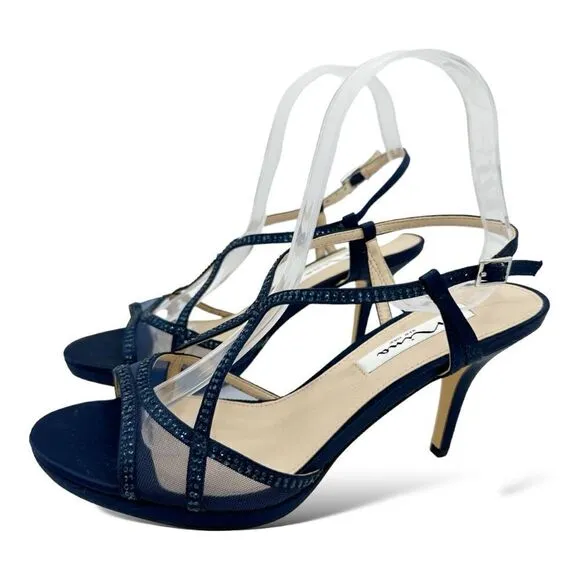 Nina Navy Blue Satin Blossom Slingback Crystal Open Toe Evening Sandal Prom 8.5