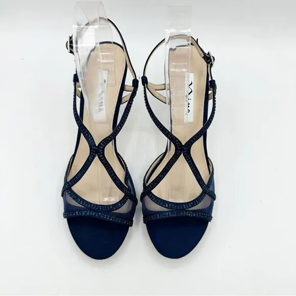 Nina Navy Blue Satin Blossom Slingback Crystal Open Toe Evening Sandal Prom 8.5