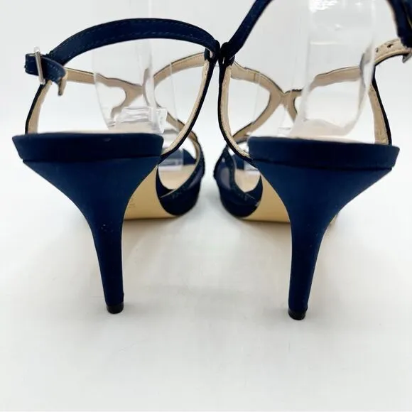 Nina Navy Blue Satin Blossom Slingback Crystal Open Toe Evening Sandal Prom 8.5