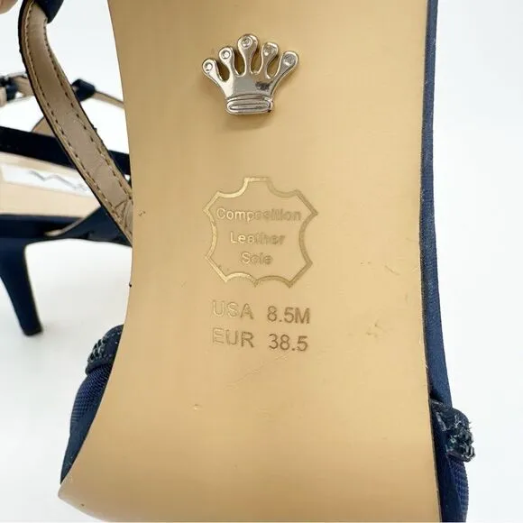 Nina Navy Blue Satin Blossom Slingback Crystal Open Toe Evening Sandal Prom 8.5
