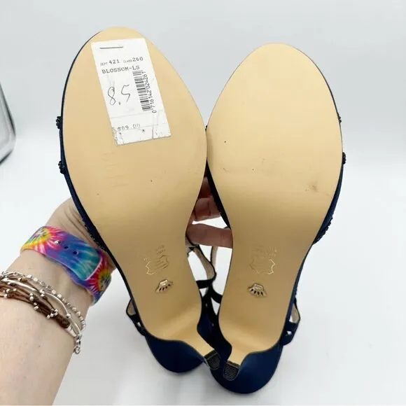 Nina Navy Blue Satin Blossom Slingback Crystal Open Toe Evening Sandal Prom 8.5