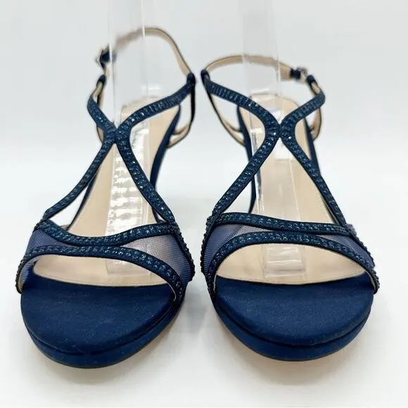 Nina Navy Blue Satin Blossom Slingback Crystal Open Toe Evening Sandal Prom 8.5