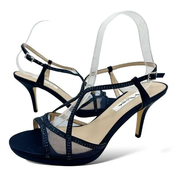 Nina Navy Blue Satin Blossom Slingback Crystal Open Toe Evening Sandal Prom 8.5