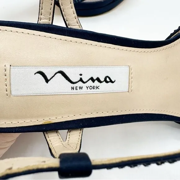 Nina Navy Blue Satin Blossom Slingback Crystal Open Toe Evening Sandal Prom 8.5