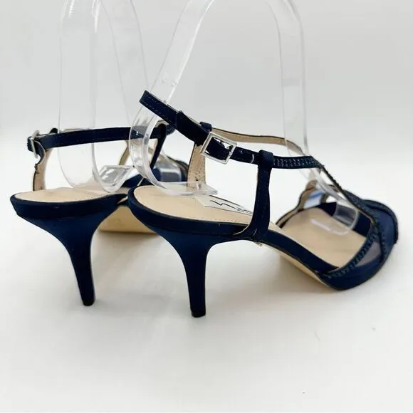 Nina Navy Blue Satin Blossom Slingback Crystal Open Toe Evening Sandal Prom 8.5