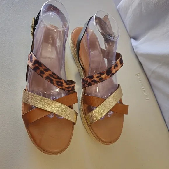 NINE WEST Calico Espadrille Sandals Womens Size 11  Leopard Multi Platforms NEW