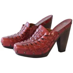 Nine West Red Leather Platform Wedge Mules Sandals Size 8.5 - Vintage Style