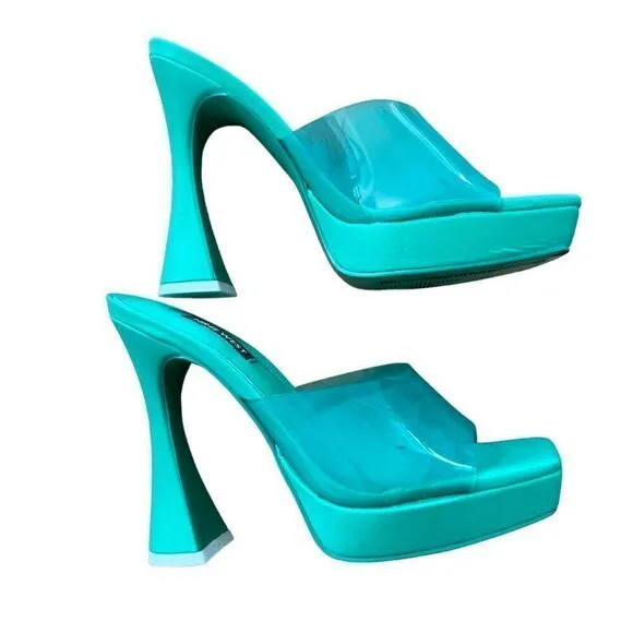 Nine West Womens Light Green Ansel Platform Slide Heeled Sandals Size 7