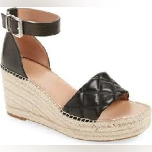 Nordstrom Carmen Black Leather Slip On Buckle Ankle Strap Wedge‎ Sandals 9.5