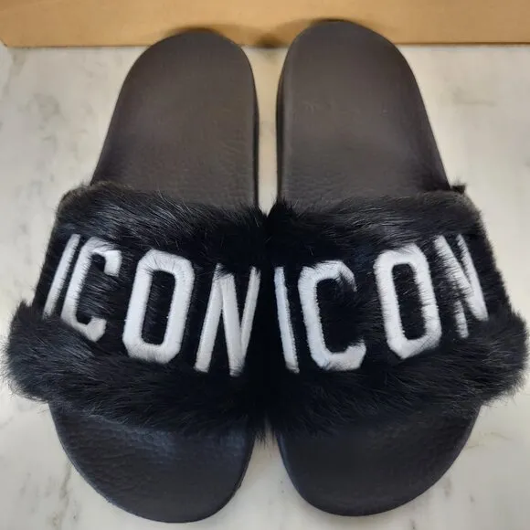 NWB~$825~DSQUARED2~8/8.5~ICON BLACK WHITE GENUINE RABBIT FUR SANDALS SLIDES