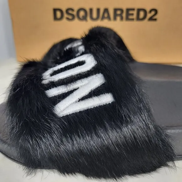 NWB~$825~DSQUARED2~8/8.5~ICON BLACK WHITE GENUINE RABBIT FUR SANDALS SLIDES