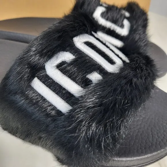 NWB~$825~DSQUARED2~8/8.5~ICON BLACK WHITE GENUINE RABBIT FUR SANDALS SLIDES