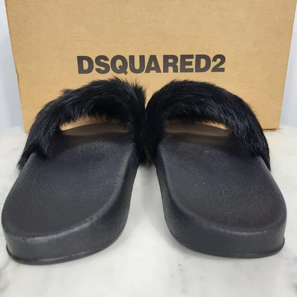 NWB~$825~DSQUARED2~8/8.5~ICON BLACK WHITE GENUINE RABBIT FUR SANDALS SLIDES