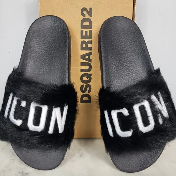 NWB~$825~DSQUARED2~8/8.5~ICON BLACK WHITE GENUINE RABBIT FUR SANDALS SLIDES