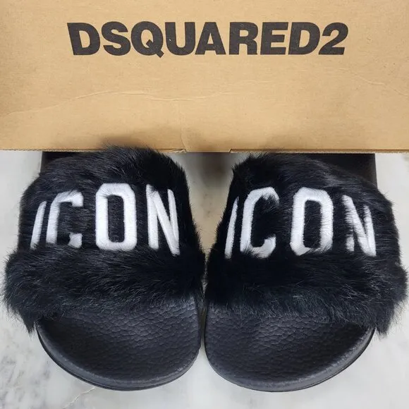 NWB~$825~DSQUARED2~8/8.5~ICON BLACK WHITE GENUINE RABBIT FUR SANDALS SLIDES