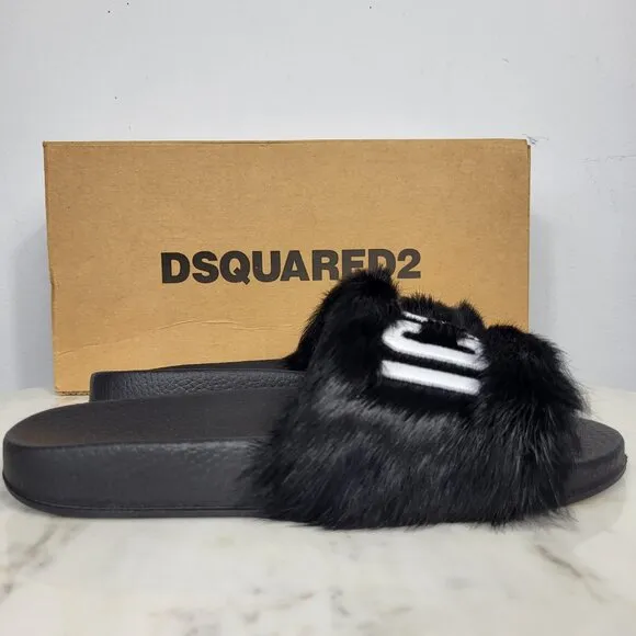 NWB~$825~DSQUARED2~8/8.5~ICON BLACK WHITE GENUINE RABBIT FUR SANDALS SLIDES