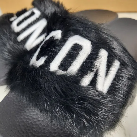 NWB~$825~DSQUARED2~8/8.5~ICON BLACK WHITE GENUINE RABBIT FUR SANDALS SLIDES