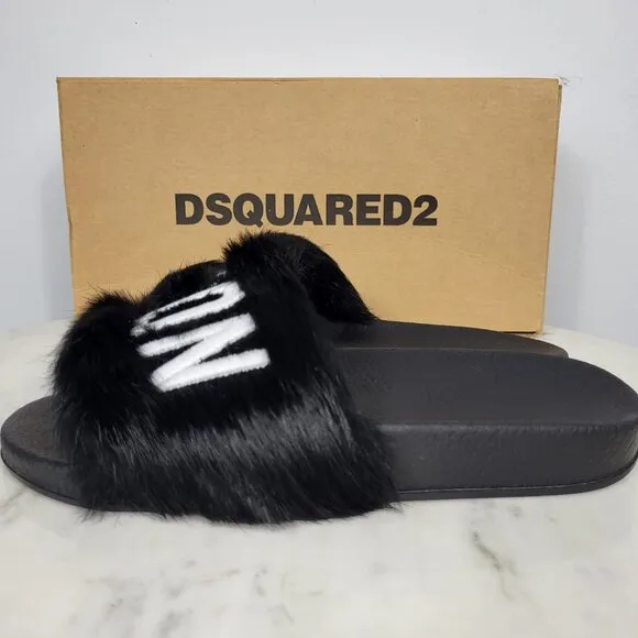 NWB~$825~DSQUARED2~8/8.5~ICON BLACK WHITE GENUINE RABBIT FUR SANDALS SLIDES
