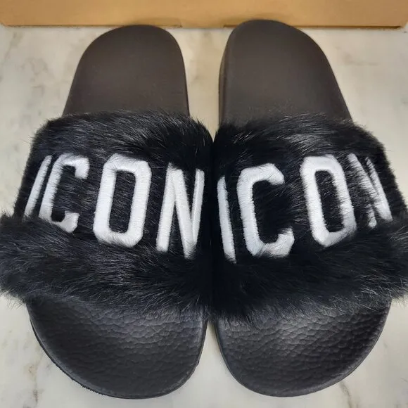 NWB~$825~DSQUARED2~8/8.5~ICON BLACK WHITE GENUINE RABBIT FUR SANDALS SLIDES