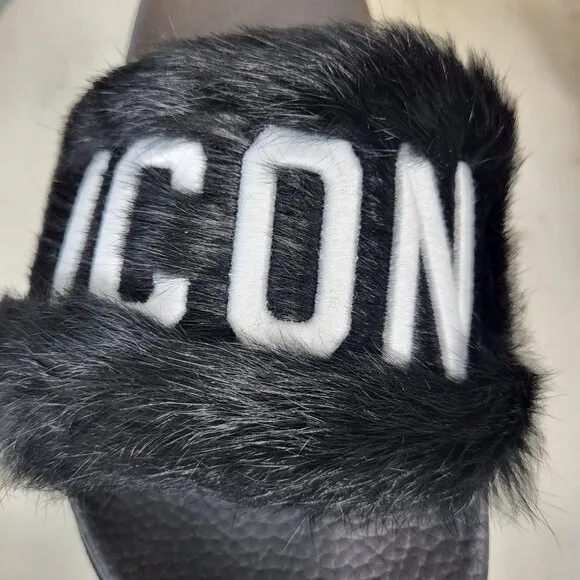 NWB~$825~DSQUARED2~8/8.5~ICON BLACK WHITE GENUINE RABBIT FUR SANDALS SLIDES
