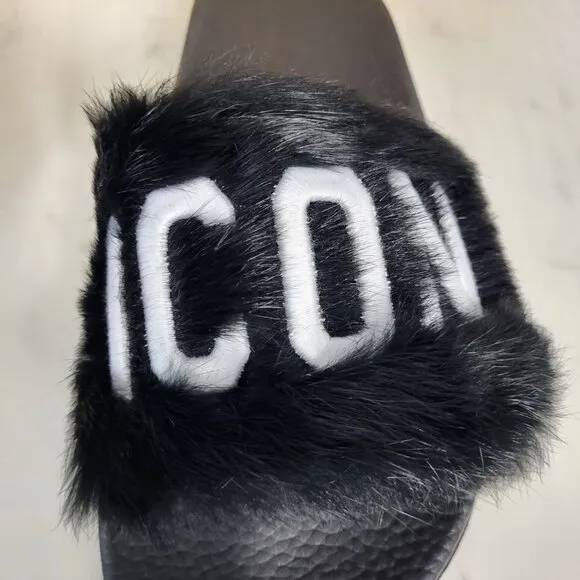 NWB~$825~DSQUARED2~8/8.5~ICON BLACK WHITE GENUINE RABBIT FUR SANDALS SLIDES
