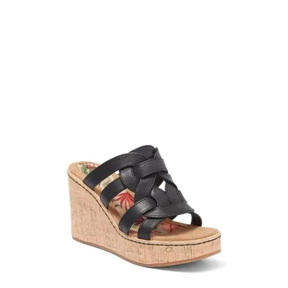 NWOB BOC Cora Platform Wedge Sandal Sz 7 Black Faux Leather Slide Slip On Casual