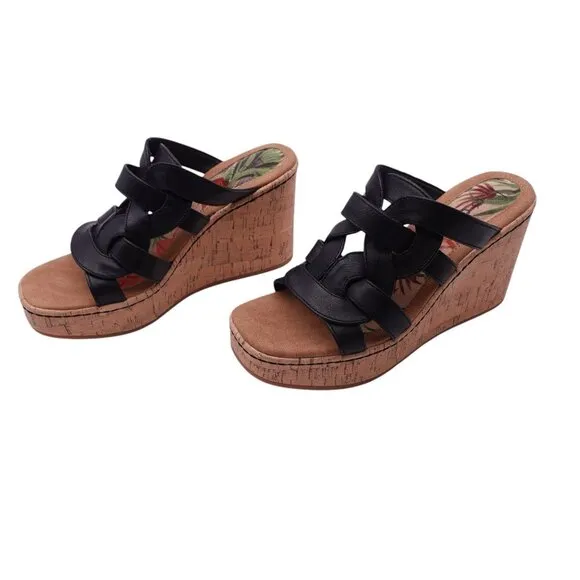 NWOB BOC Cora Platform Wedge Sandal Sz 7 Black Faux Leather Slide Slip On Casual