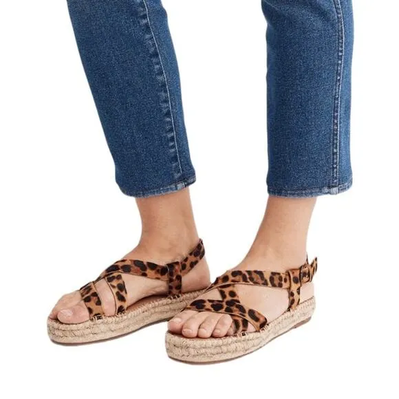 NWOB Madewell The Malia Espadrille Leopard Calf Hair Leather Sandals Size 10