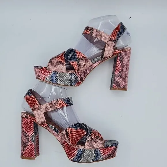 Nwob New jeffrey campbell Snakeskin Floral Sandals Block Heel Womens Size 9