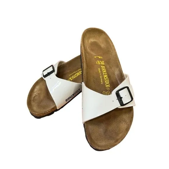 NWOB Birkenstock Madrid Sz 38 White Patent Leather Single Strap Sandals US 7