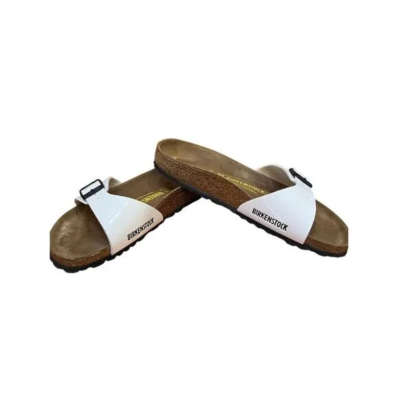 NWOB Birkenstock Madrid Sz 38 White Patent Leather Single Strap Sandals US 7