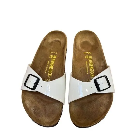 NWOB Birkenstock Madrid Sz 38 White Patent Leather Single Strap Sandals US 7