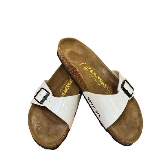 NWOB Birkenstock Madrid Sz 38 White Patent Leather Single Strap Sandals US 7