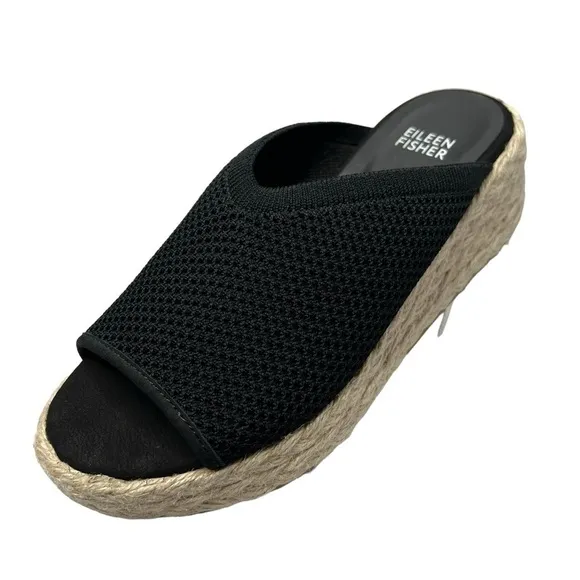 NWOT EILEEN FISHER Tali Platform Wedge Slip On Black Sandals Women's Size 6.5