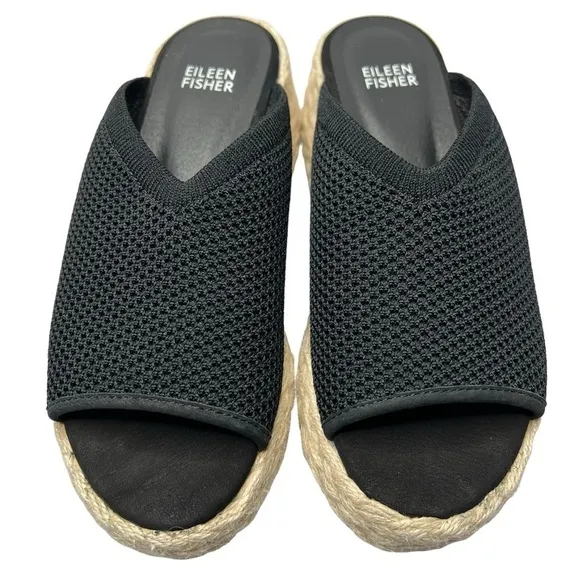 NWOT EILEEN FISHER Tali Platform Wedge Slip On Black Sandals Women's Size 6.5