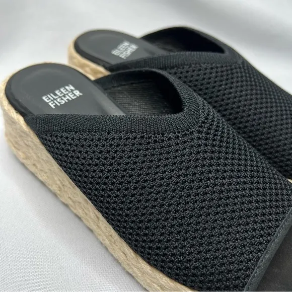 NWOT EILEEN FISHER Tali Platform Wedge Slip On Black Sandals Women's Size 6.5