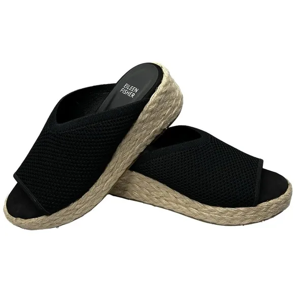 NWOT EILEEN FISHER Tali Platform Wedge Slip On Black Sandals Women's Size 6.5