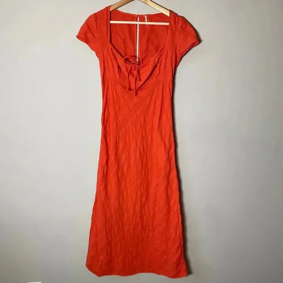 NWOT Free People Women's Small Short Sleeve Natalya Babydoll Midi Dress Orange