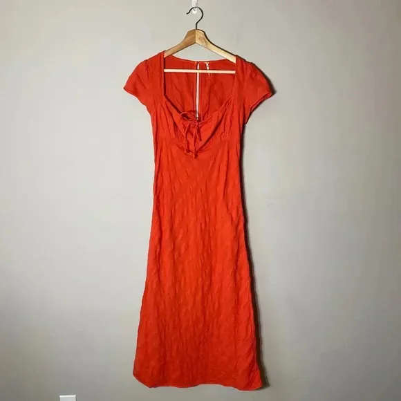 NWOT Free People Women's Small Short Sleeve Natalya Babydoll Midi Dress Orange