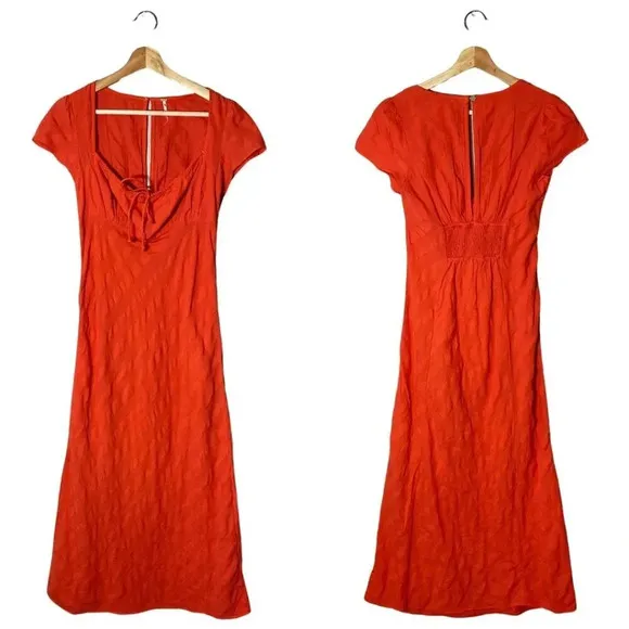NWOT Free People Women's Small Short Sleeve Natalya Babydoll Midi Dress Orange