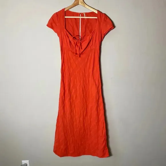 NWOT Free People Women's Small Short Sleeve Natalya Babydoll Midi Dress Orange