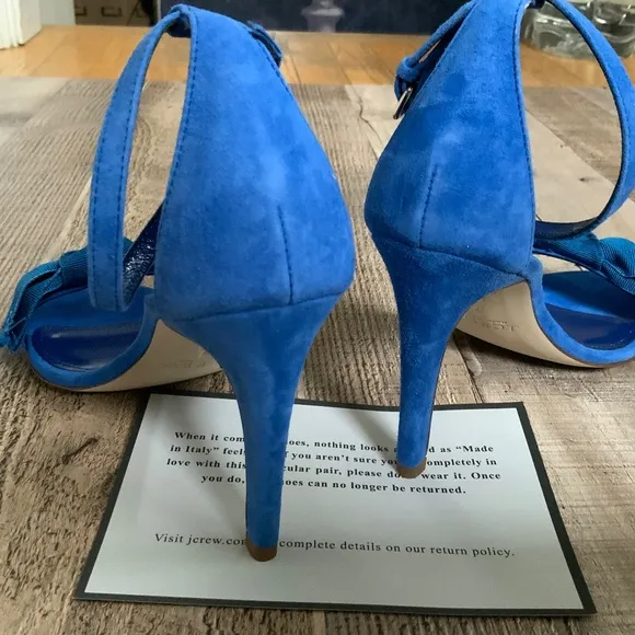 NWOT J Crew Tidewater Blue Suede Fabric Bow Ankle Strap High Heel Sandal…