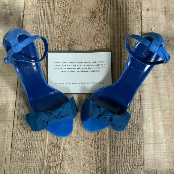 NWOT J Crew Tidewater Blue Suede Fabric Bow Ankle Strap High Heel Sandal…