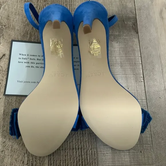 NWOT J Crew Tidewater Blue Suede Fabric Bow Ankle Strap High Heel Sandal…