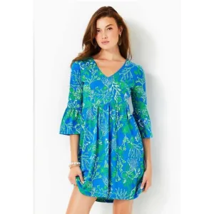NWOT Lilly Pulitzer Blue Green 3/4 Bell Sleeve Mini Dress Pima Cotton Size XS