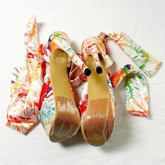 NWOT Ma Beicili Multicolor Printed Open Toe Slip On Wedge Sandals SIZE 6.5/7