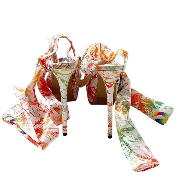 NWOT Ma Beicili Multicolor Printed Open Toe Slip On Wedge Sandals SIZE 6.5/7