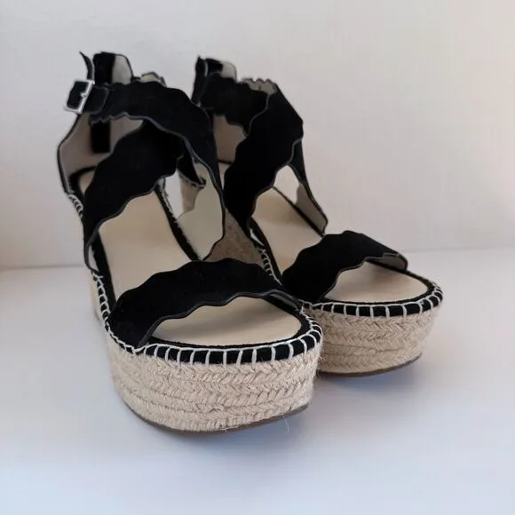 NWOT Marc Fisher Calita Black Suede Platform Espadrille Wedge Sandals Size 9.5