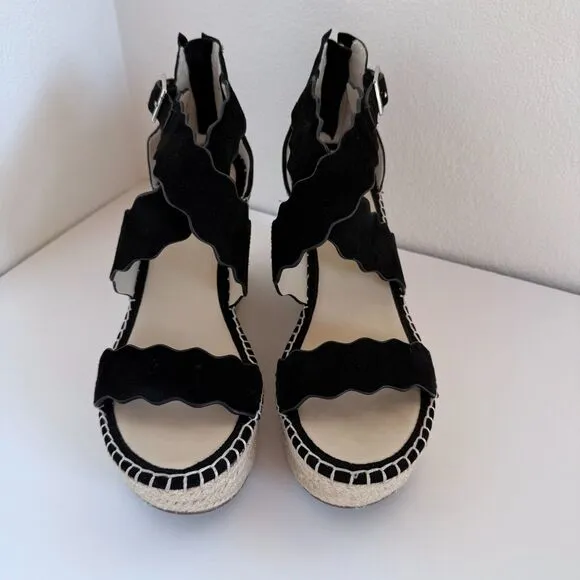 NWOT Marc Fisher Calita Black Suede Platform Espadrille Wedge Sandals Size 9.5