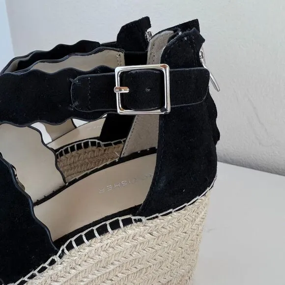NWOT Marc Fisher Calita Black Suede Platform Espadrille Wedge Sandals Size 9.5
